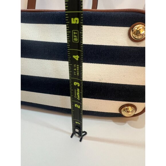 Michael Kors Striped Shoulder Bag Tote Purse Navy White Tan Leather Trim nautica - Picture 8 of 11